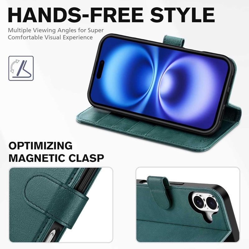 TUCCH Wallet Case for iPhone 16, Magnetic PU Leather Kickstand Flip Cover with 4 Card Slot Shockproof TPU Interior Shell, [RFID Blocking] Folio Case Compatible with iPhone 16 5G 2024, Teal Blue - Image 4